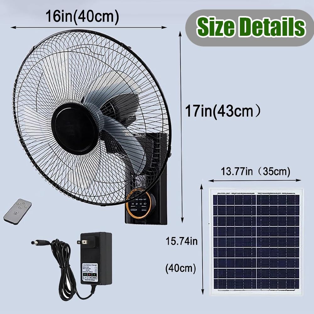 Ventilateur mural solaire 40 cm, silencieux et oscillant, avec télécommande, 3 vitesses, minuterie, 5 pales, inclinaison réglable, for maison, chambre, bureau, salon, garage