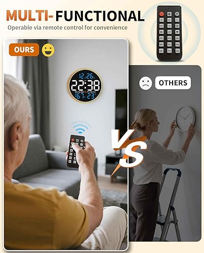 Vista 3 de Reloj de pared digital grande de 10 pulgadas con control remoto de 9 colores cambiantes, fecha, semana, temperatura, brillo automático, atenuador