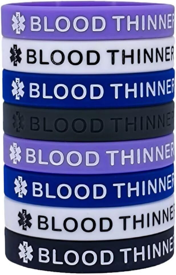 Blood Thinner Medical Alert Silicone Wristbands, Multicolor, 8 Pack, Women Men Emergency ID Bracelets