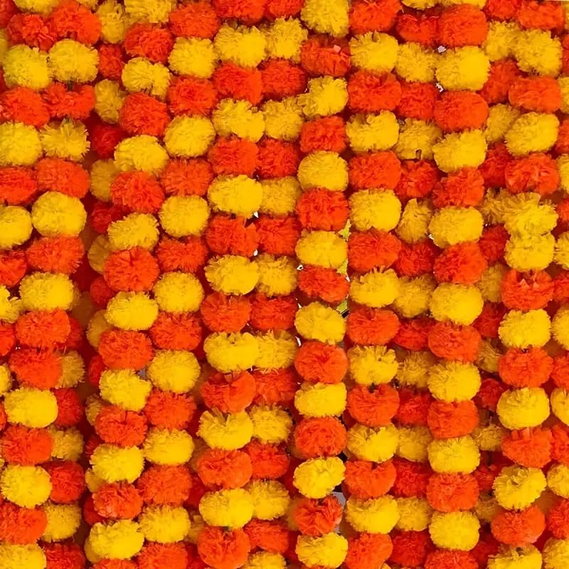 Pound Veg Pack of 5 Artificial Flowers Light Orange Marigold Flower Garlands 5 Feet Long for Parties Indian Weddings Decorations Home Decoration DIWALI Indian Festival (Red &Yellow)