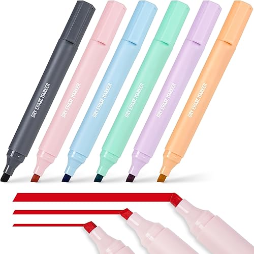 Sooez Marcadores de borrado en seco, marcadores de pizarra blanca de bajo olor con punta de cincel, colores surtidos, 6 unidades, tinta vibrante y
