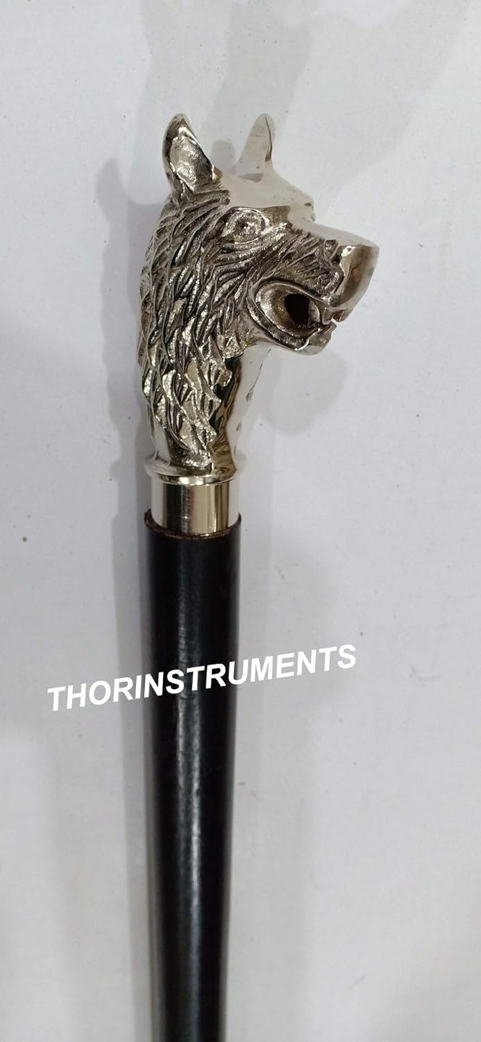 Handmade Carved Wolf Chrome Handle Walking Stick Canes Rustic Vintage Home Decor Gifts