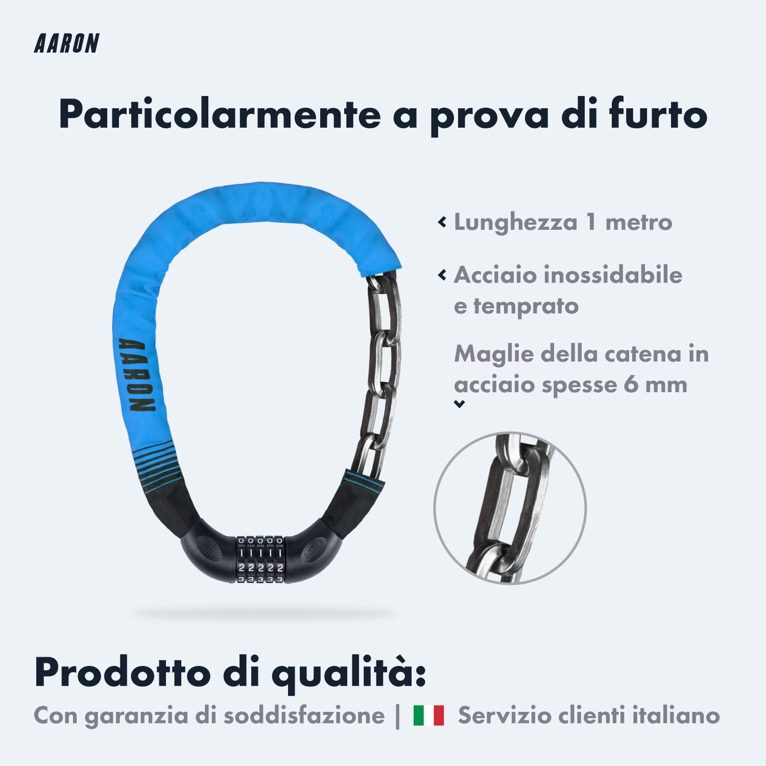 AARON Lock One - Catena antifurto per bicicletta con codice a 5 cifre - lucchetto in metallo e alta sicurezza - per bici elettrica, mountain bike, da trekking, da turismo, da corsa, veicoli elettrici