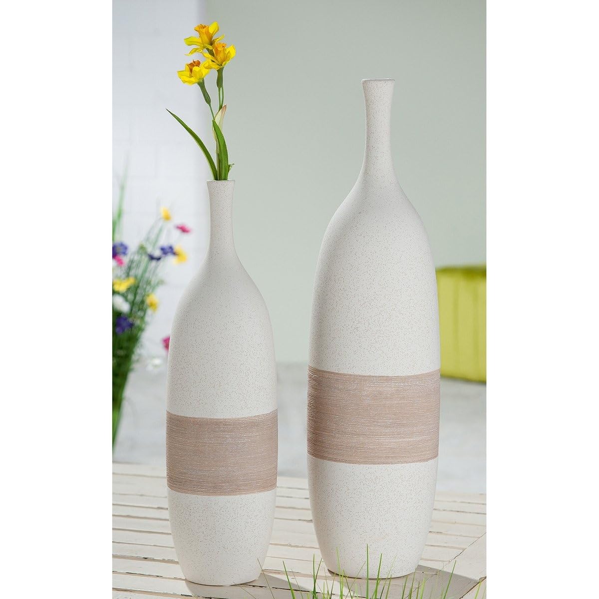 GILDE Deko Vase aus Keramik Flaschenvase - Deko Wohnzimmer Geschenk Geburtstagsgeschenk - Weiß braun - Höhe 50 cm