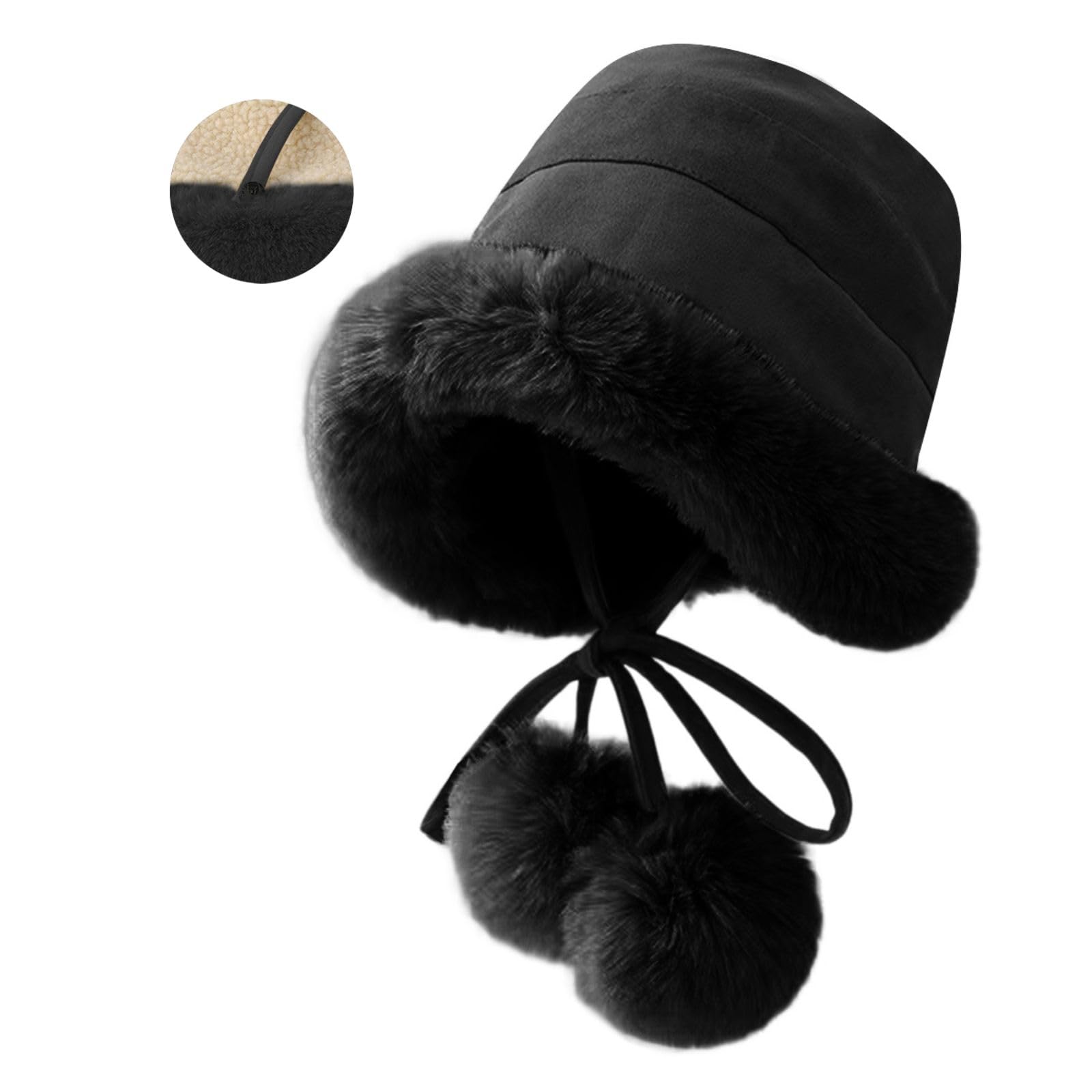 crazy bean Cappello Donna Invernale Peloso Caldo Cappello Pescatore Elegante con PON PON in Pelliccia Rimovibile Arrotolato Bordo