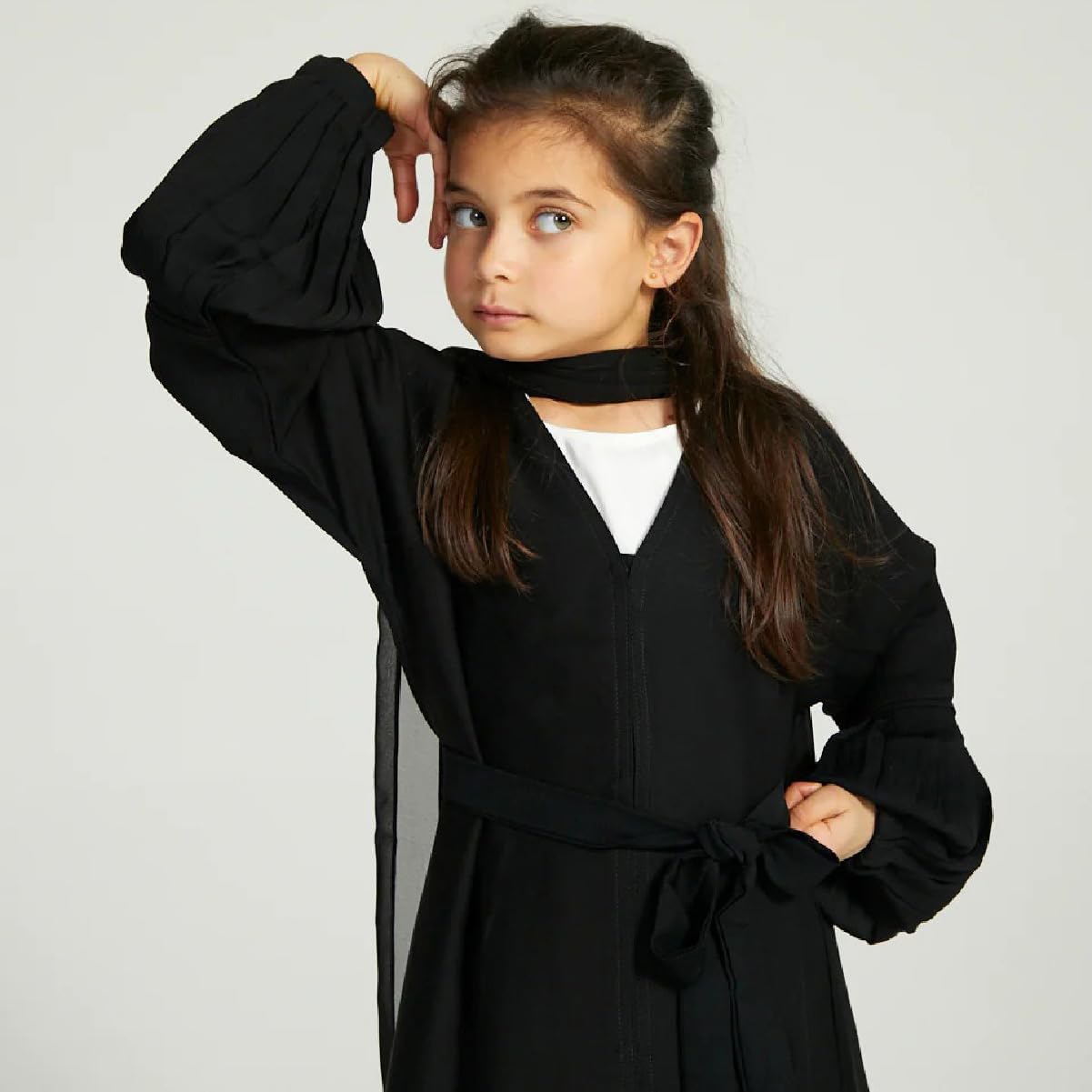 IMEKIS Kids Girls Abaya Long Sleeve Snap Front Dress with Belt Dubai Islamic Prayer V Neck Full Length Gown with Hijab