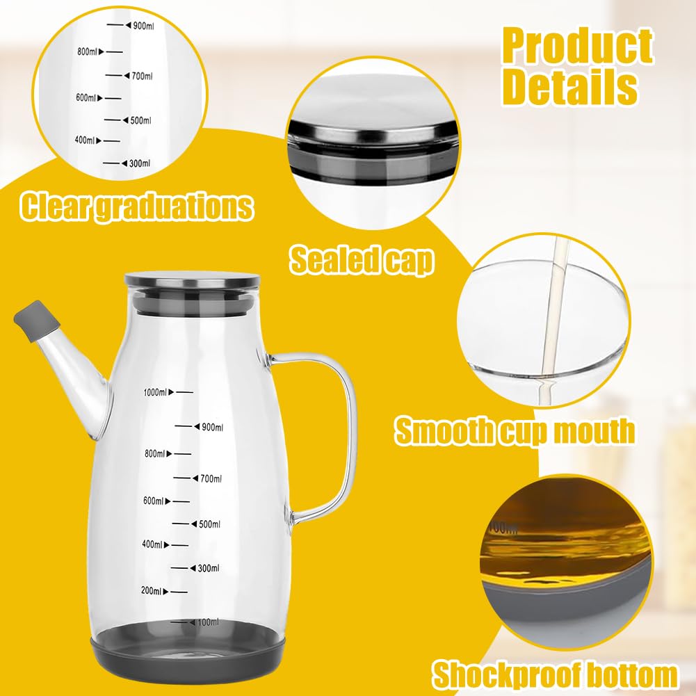 FARYODI Dispensador de aceite de vidrio de borosilicato con mango, 1 botella de aceite de litro, dispensador de vinagre vacío con base de silicona antideslizante, a prueba de fugas grande para cocina