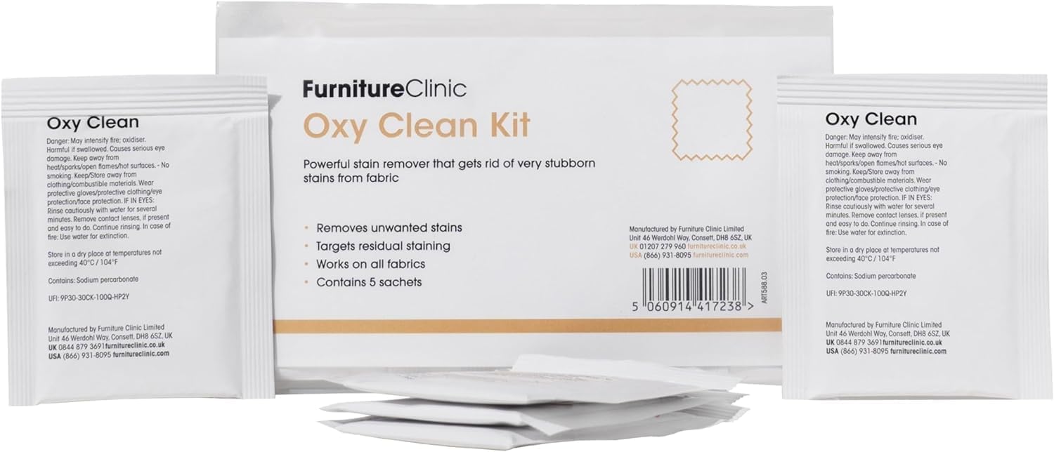 Oxy Clean Kit - Removes Stubborn Stains from Fabric and Upholstery - Works on All Fabrics - Targets Residual Yellow or Brown Staining - 5 Individual Sachets