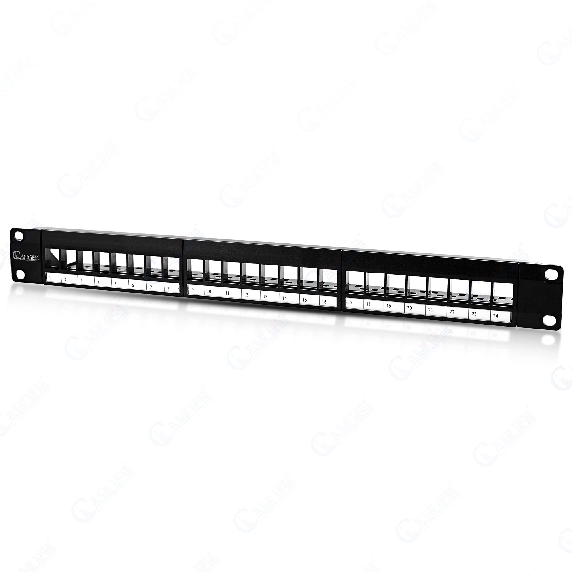NewYork Cables® Blank Keystone 24 Port Cat6 Patch Panel - 10Gb Ethernet 1U Horizontal Rack Mount, Color-Coded T568A/B Labels, Network for Data Centers, Server Rooms, Unloaded, Unshielded.