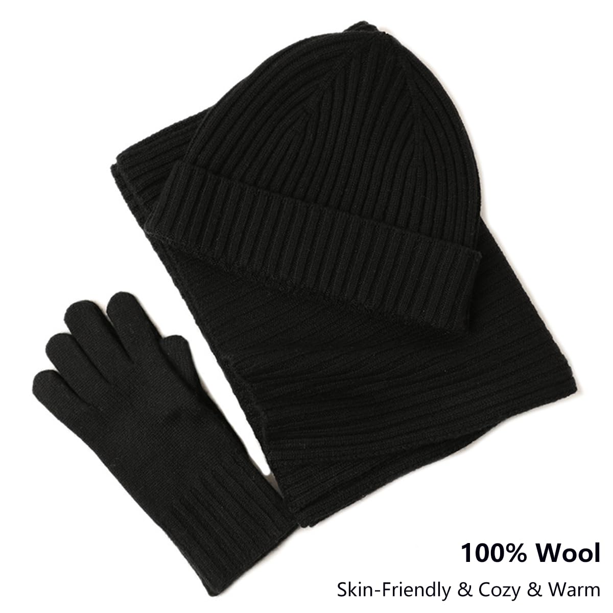 YUONNY Winter Beanie Mütze Schal Handschuhe Set 100% Merinowolle für Damen Herren, Weiche Warm Strickmütze mit Bündchen, Langer Schal und Vollfinger Fäustlinge 3-in-1 Set für Outdoor Sport Ski