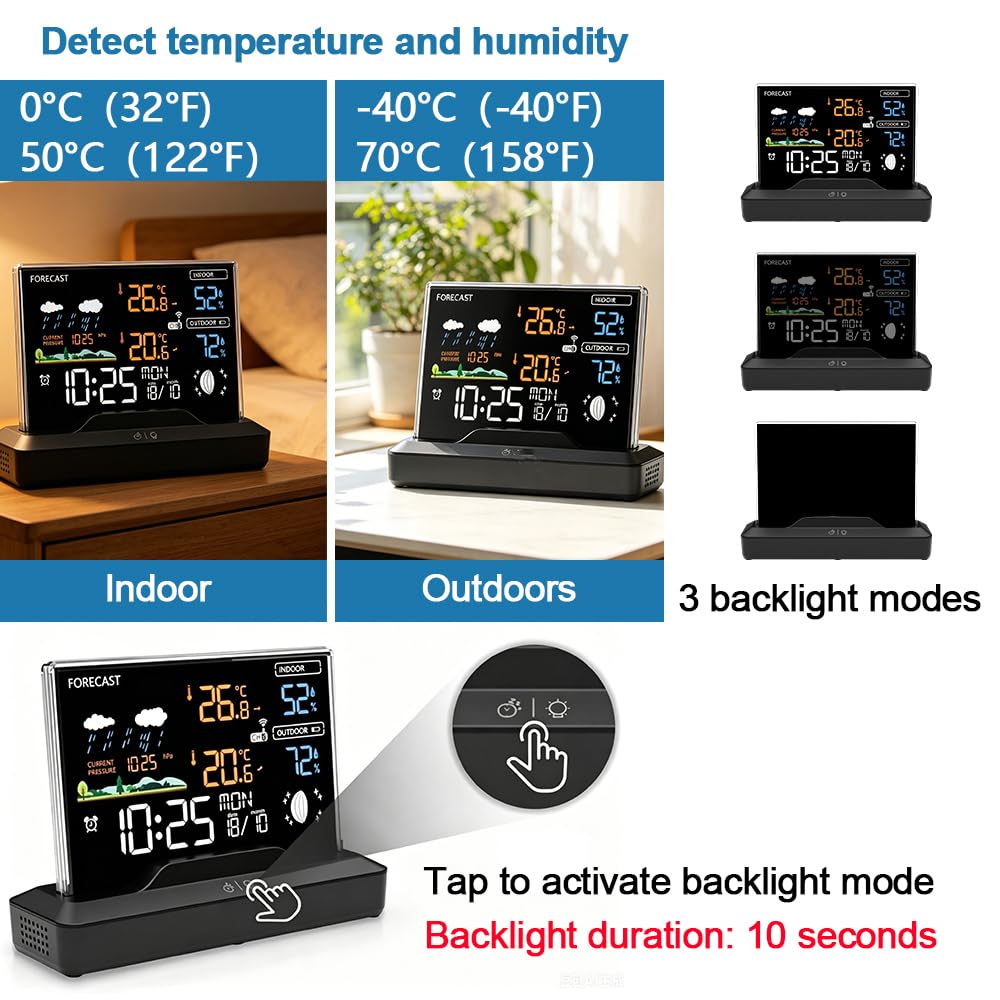 Wetterstation mit Außensensor, Digitales Thermometer Hygrometer mit Barometer Wettervorhersage für Wohnzimmer Büro und Schlafzimmer