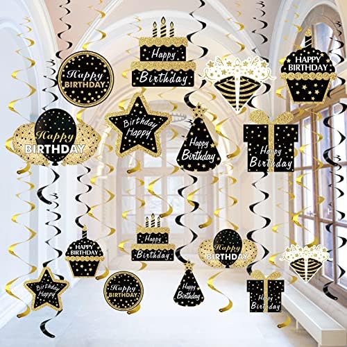 Black Gold Birthday Hanging Swirls Decorations for Mens Women, 16...