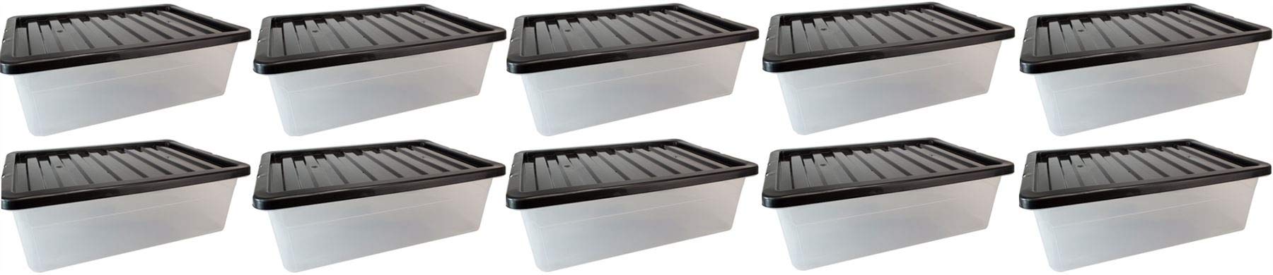 Tml Housewares Black 10 X 32 Litre Underbed Under Bed Plastic Clear Storage Box Container Lid