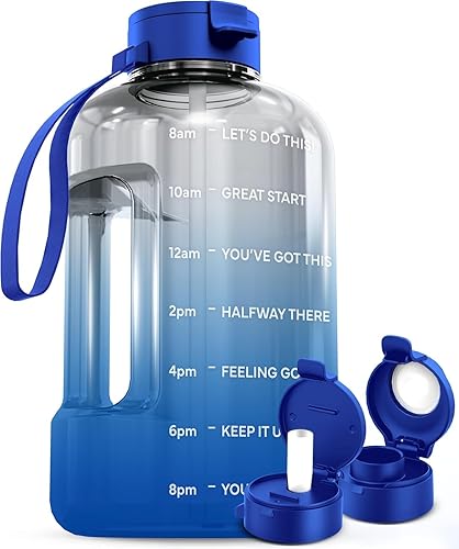 AQUAFIT Botella de agua de 1 galón con tiempos para beber, botella de agua de 128 onzas con pajilla, botella de agua motivacional, botella de agua