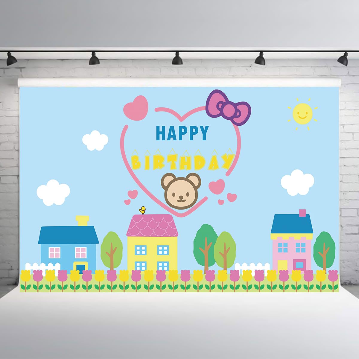 iWeeta Adorable Kitty Theme Birthday Party Backdrop Banner for Baby or Kids, Birthday Decorations Cartoon Pastel Bear Party Background Colorful(5x3FT)