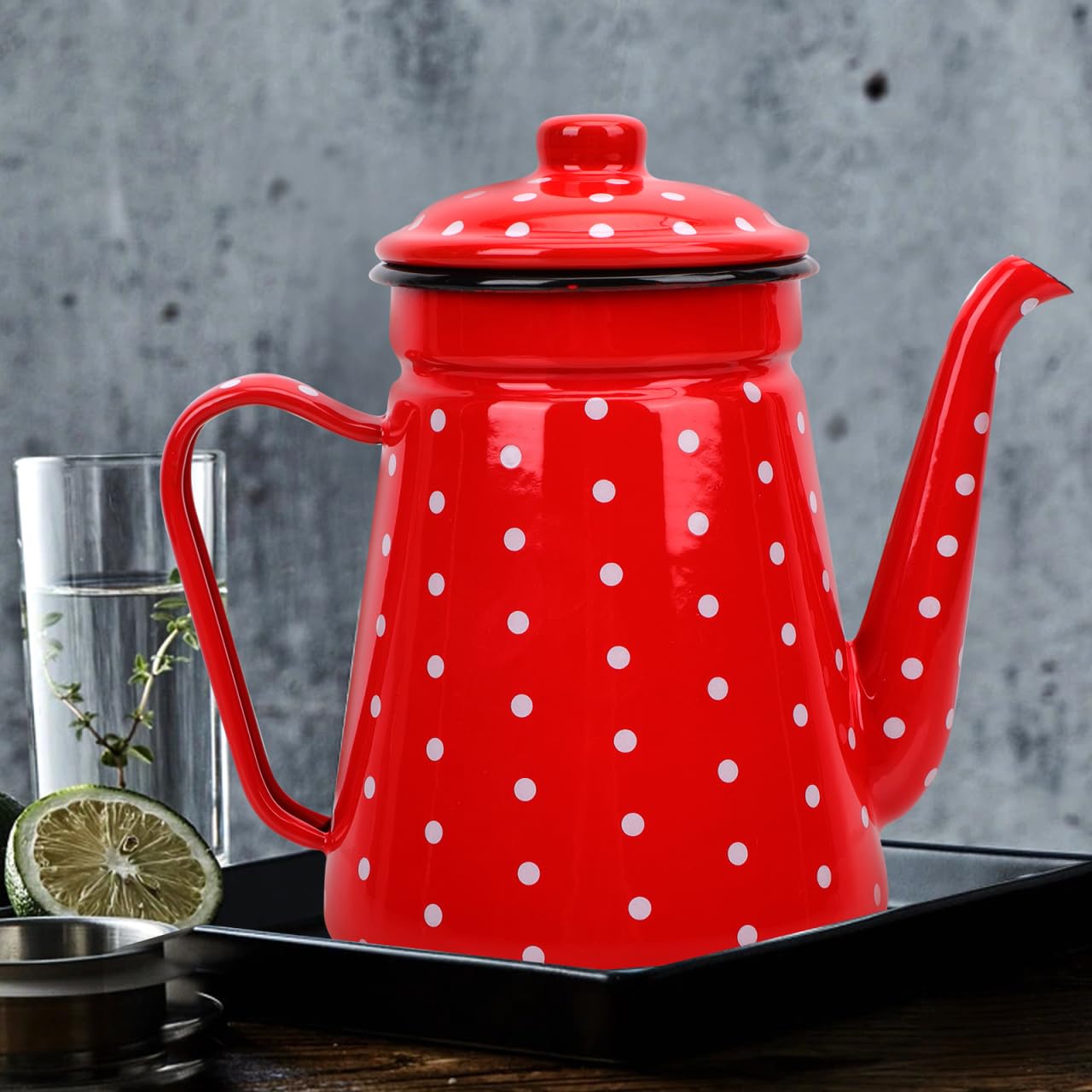 Housoutil Cafetera esmaltada de 1,5 l, boquilla estrecha de esmalte rojo, con gran caño para el hogar, para cocina y camping