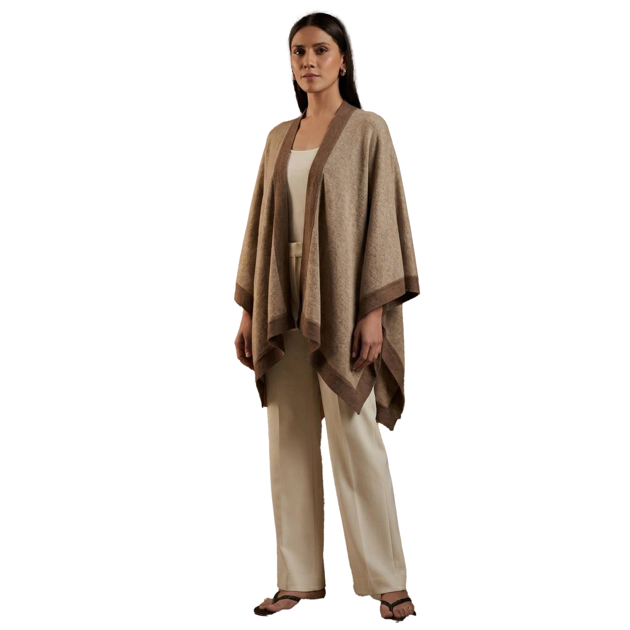 Sand and Brown Long Knitted Cashmere Cape-image-45