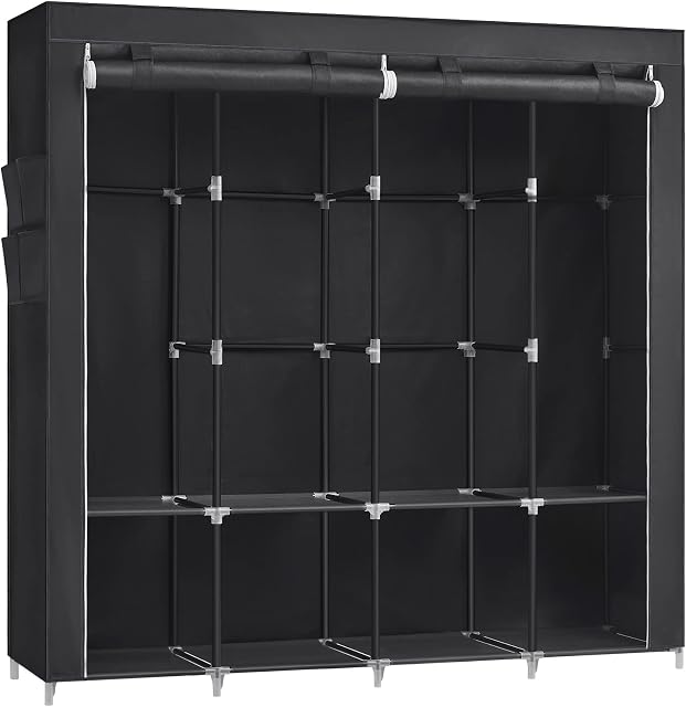 SONGMICS Szafa ubraniowa, garderoba, 45 x 170 x 167 cm, 4 przedziały wiszące, z półkami, 4 kieszenie boczne, dużo miejsca, do sypialni, do salonu, czarna RYG094B02