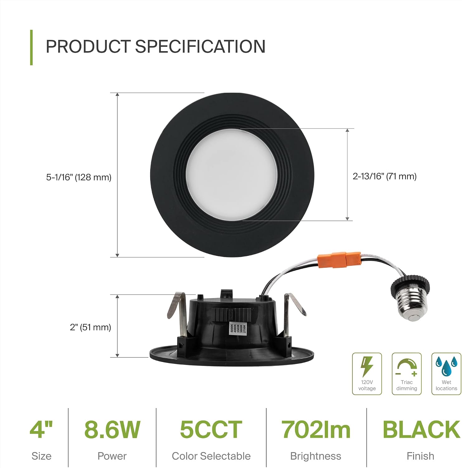 ASD 12 Pack Black 4 Inch Retrofit LED Recessed Light - 9W 2700K-5000K 700LM Retrofit LED Recessed Lighting 4 Inch, Dimmable Black Recessed Lights, Wet Rated Baffle Trim Can Lights, UL