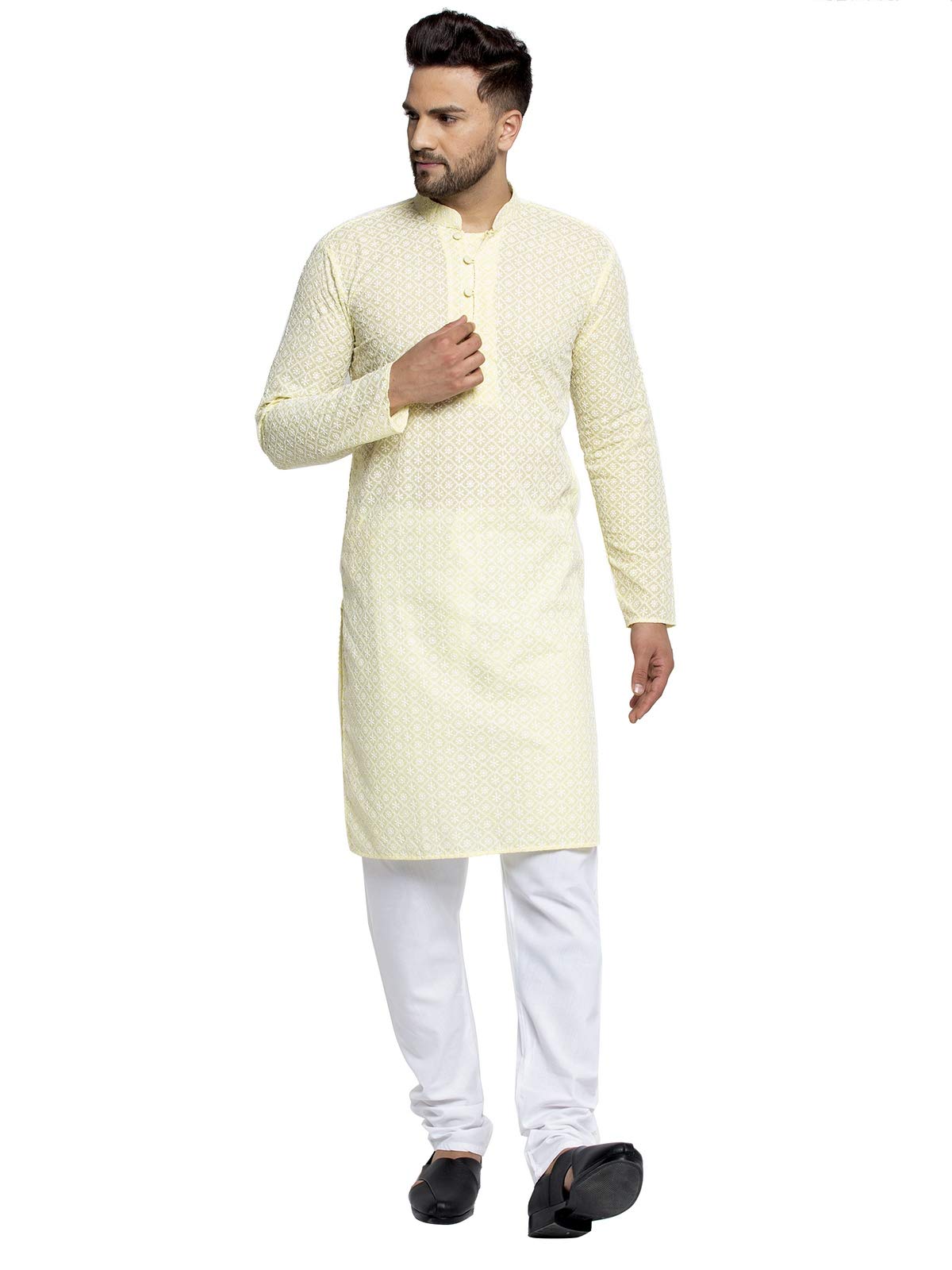 Jompers Men's Embroidered Pure Cotton Kurta Pyjama Set. (Yellow,Xl)