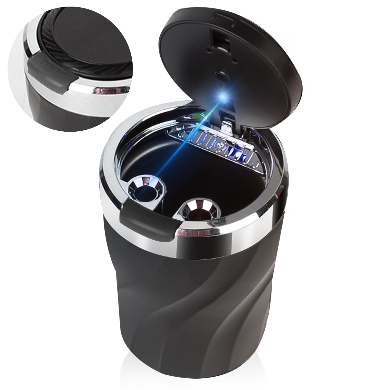 Auto Aschenbecher, Aschenbecher Auto mit Federabdeckel, Tragbarer Edelstahl rauchfreien Aschenbecher mit LED Licht, für Autos Van Outdoors Camping (Schwarz)