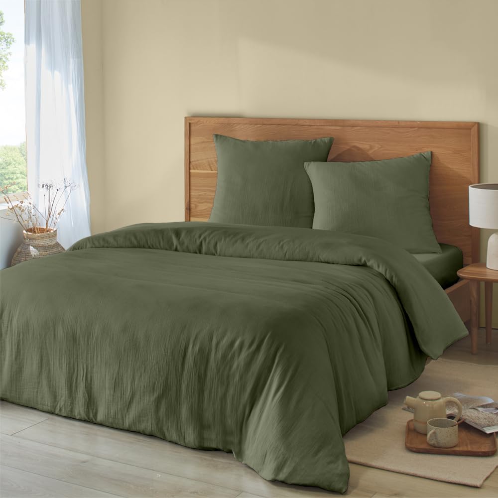 Duquennoy & Lepers - Parure de Lit Double Gaze de Coton - Housse de Couette 240×220 CM avec Boutons + 2 Taies – Tissu 71 Fils, 145 g/m² - Douce, Aérée et Élégante - Oeko-TEX® - Kaki