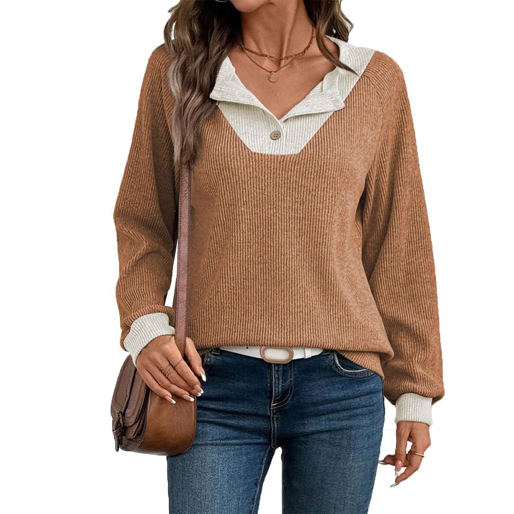 Fall Fashion Womens Long-Sleeve Top V-Neck Sweater Loose-Fit Knit Top