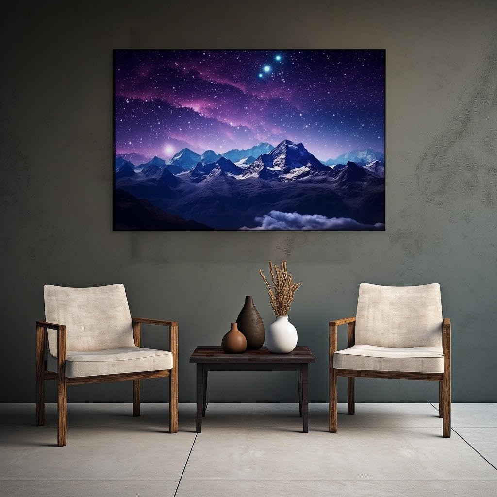 Canvas for Living room. Starry Serenity Above Snowy Summits The Sublime Dance of Dusk and Dawn in the Wilderness Enigmatic Beauty of Night Blanketing Mountain, 27 x 18 inch Canvas Wall Art