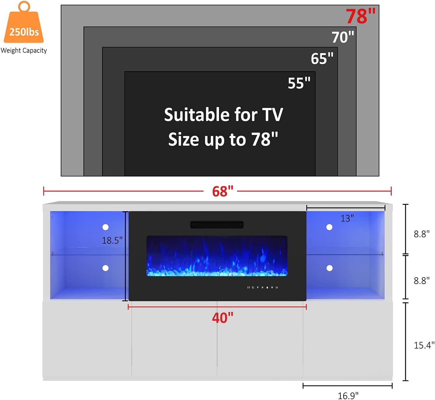 LUXOAK Modern Fireplace TV Stand for TVs up to 75", High Gloss Entertainment Center with 40" Fireplace, 4 Shelves & Storage Cabinets, Media Console Table 68 Inches, Gloss White