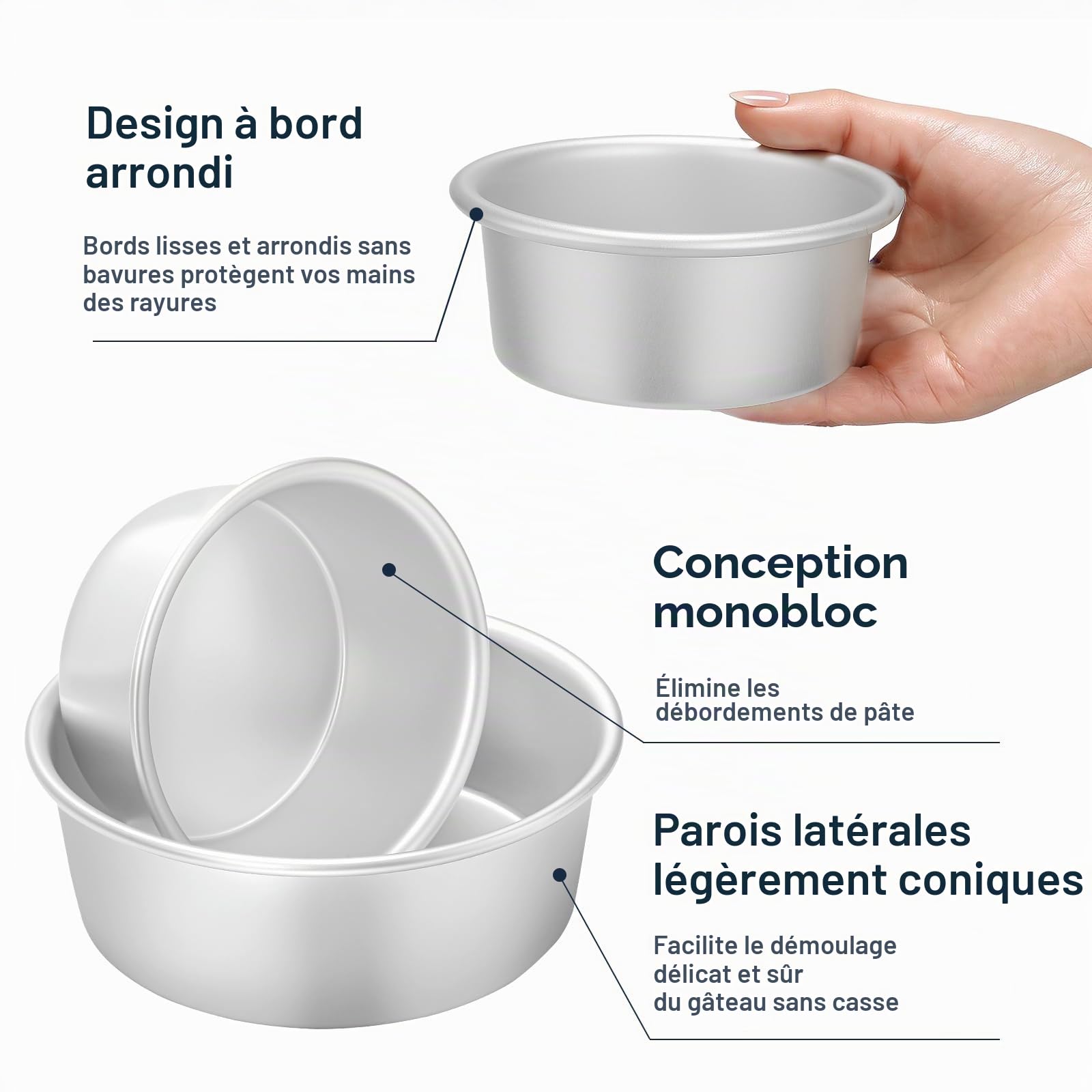 Ensemble de 3 moules à gâteau ronds Ø 10/15/20 cm, moules à pâtisserie professionnelles en aluminium anodisé pour la cuisson, argenté