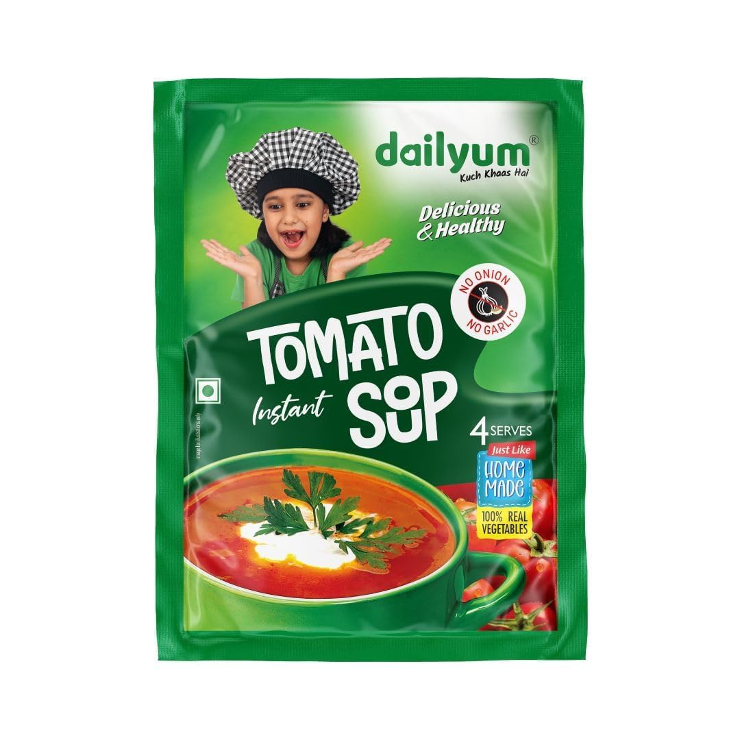 Dailyum Instant Tomato Soup 50g | No Onion No Garlic | Ready To Eat Instant Soup |100% Natural | No MSG | Gluten-free | Serves 4 | Jain | Pack of 5