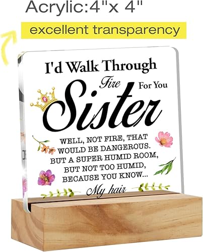 Miniatura 2 de Placa de escritorio floral para hermana con soporte de madera, recuerdo con texto en inglés "I d Walk Through Fire for You"