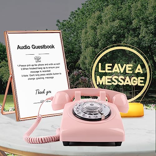 QUOXO Premium Audio Guest Book Telephone with Free LED Wedding Sign and A5 Vertical Photo Frame | Vintage and Retro Style Audio Guestbook | Rotary Phone with Audio Record Voice Messages (Pink)