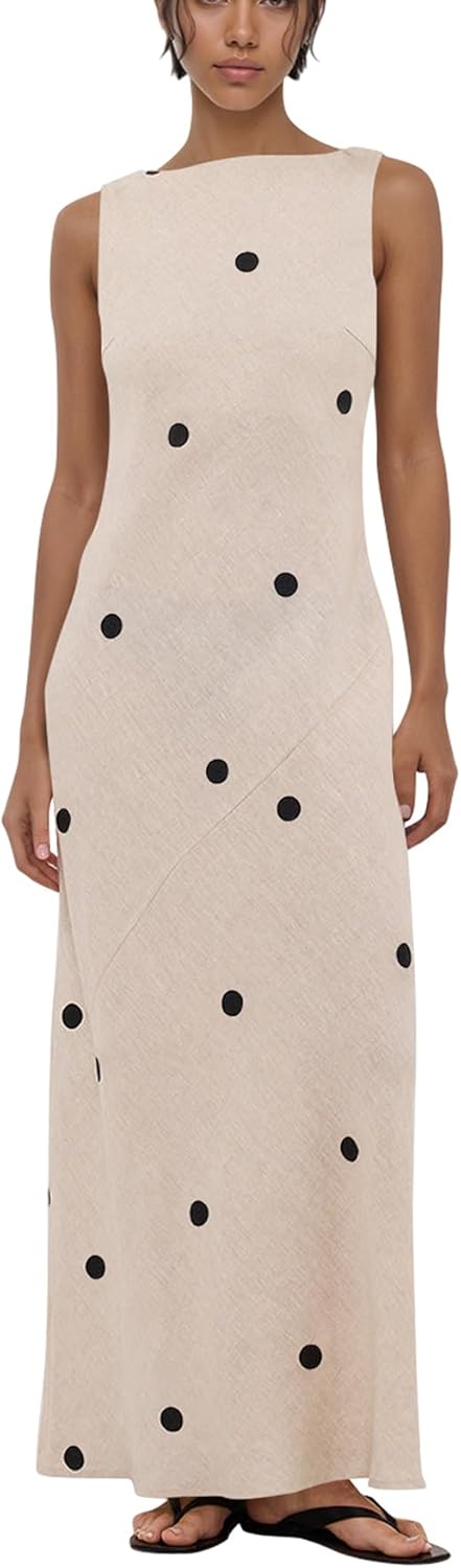 Women’s Polka Dot Cotton Linen Summer Vacation Maxi Dress Sleeveless Boat Neck Open Back Long Midi Dress