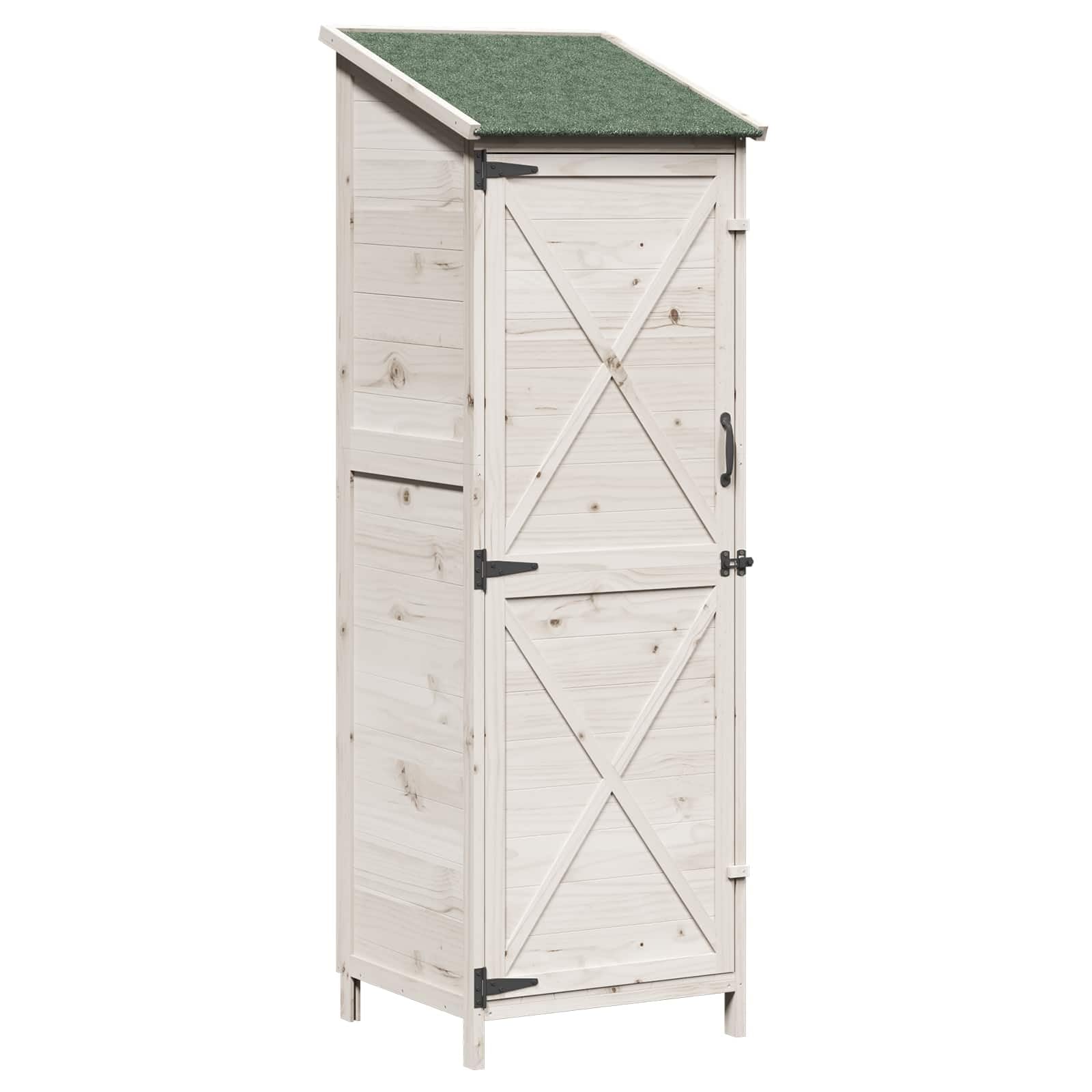 Caseta de jardín de madera, color blanco, 59,5 x 56 x 176,5 cm, con puerta de ventilación y techo inclinado de asfalto para herramientas de jardín y accesorios