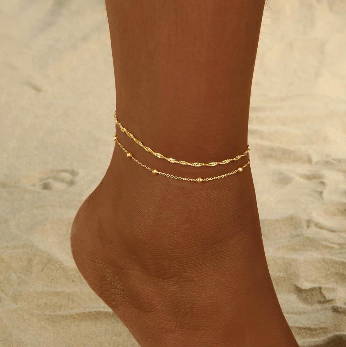 2/3 tobilleras de oro para mujer, impermeables, de eslabones cubanos con cuentas, pulseras apilables chapadas en oro de 14 quilates, regalos de joyería personalizados, no se deslustra, ligeras 3