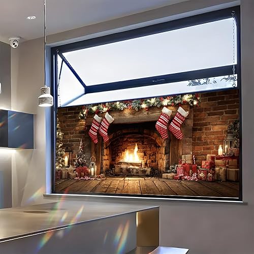 Miniatura 6 de Película de Navidad para ventana de 39.37 x 17.32 pulgadas, chimenea con medias, velas, regalos, festividades, privacidad, ventana, extraíble,