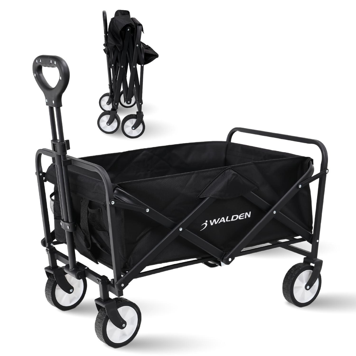 Walden Sports Folding Festive Trolley - Foldable Camping Cart with All-Terrain Wheels & Adjustable Handle - Collapsible Wagon for Outdoor, Beach, Garden & Shopping - Loads up to 90kg - Medium Black