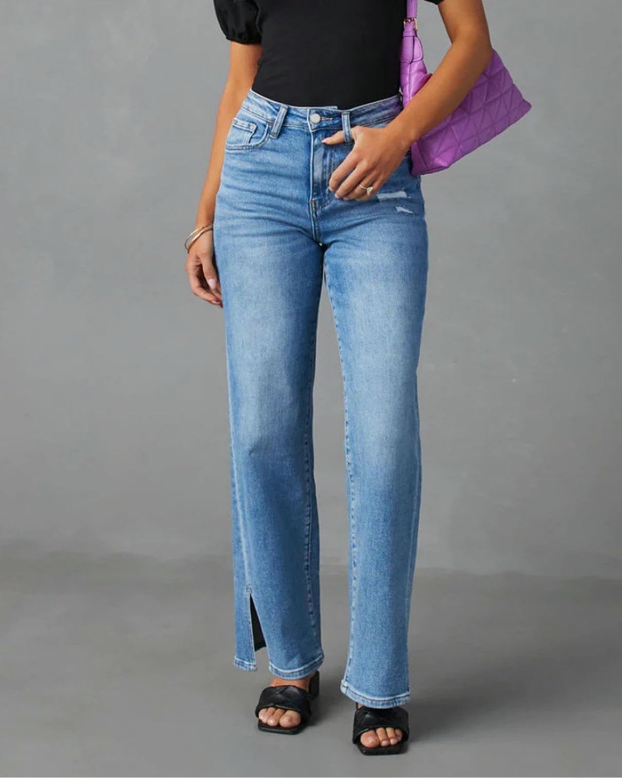 Jeans Donna A Gamba Dritta per Donne in Vita Alta Sciolti-Blu-XL