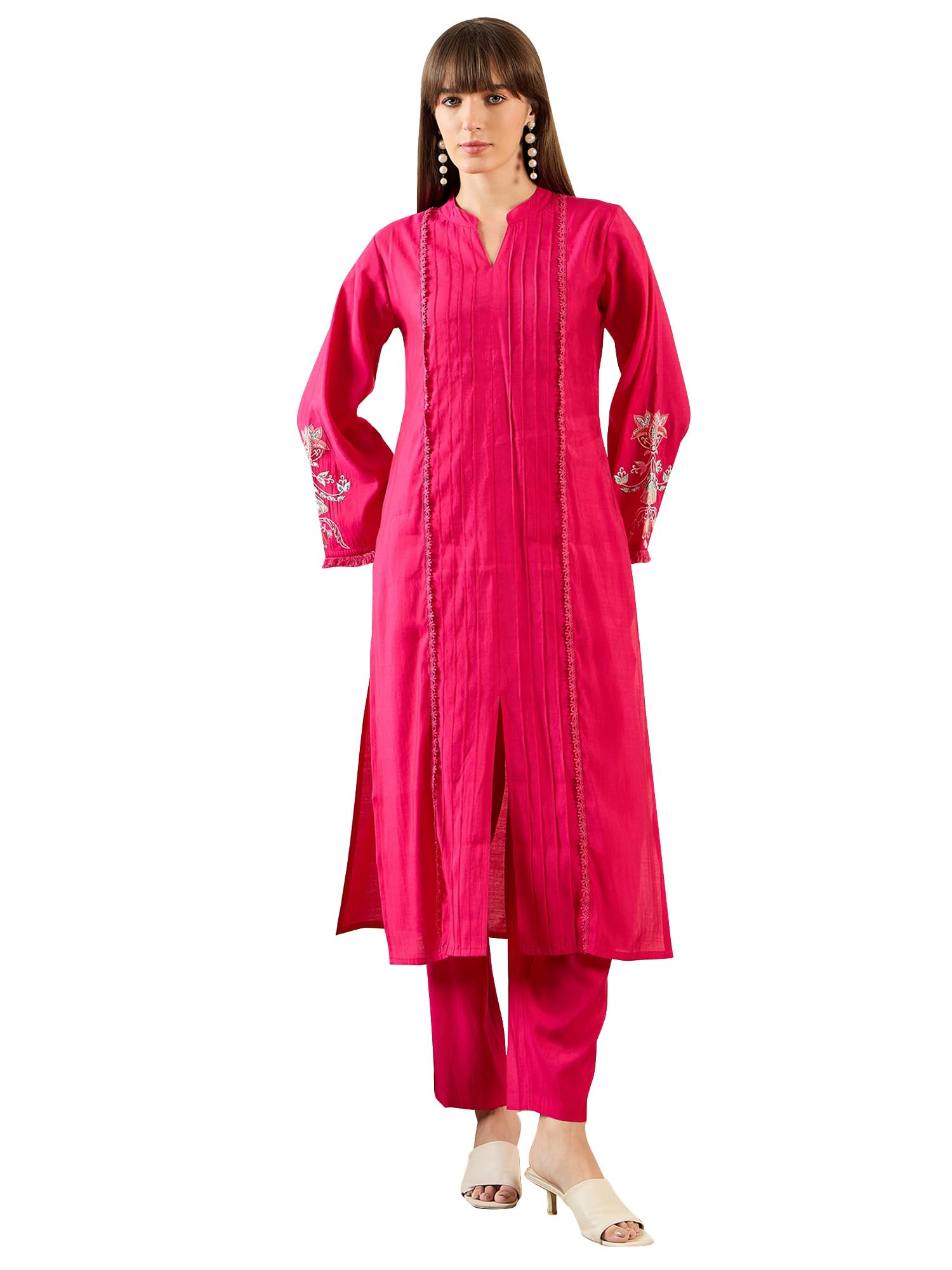 indo era Women's Pink Silk Blend Self Design Straight Kurta Pant Set (SHTUR6551_Medium)-picture-23