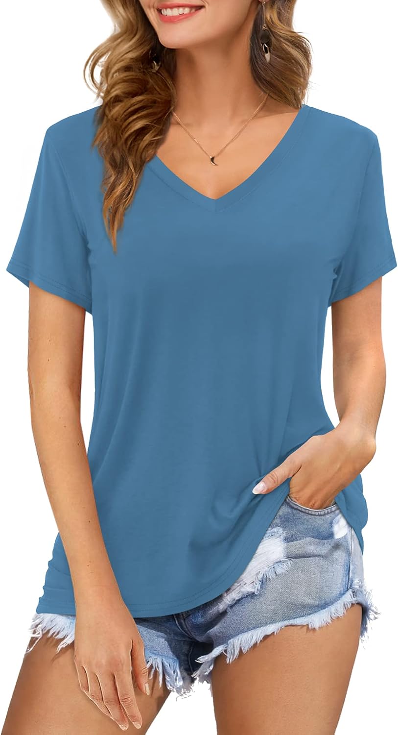 Amoretu Womens Tshirts V Neck Short Sleeve Tops Tee Solid Color Blouse