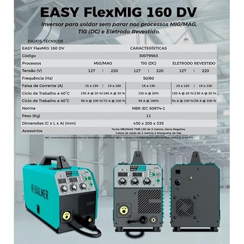 Inversora de Solda Multiprocesso Balmer Easy FLEXMIG160DV Mono (Bivolt)