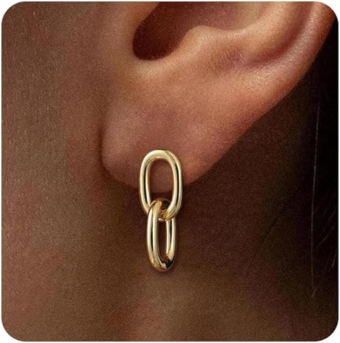 Aretes de oro para mujer, chapados en oro de 14 quilates, hipoalergénicos, a la moda, delicados, minimalistas, aretes de eslabones con clip de