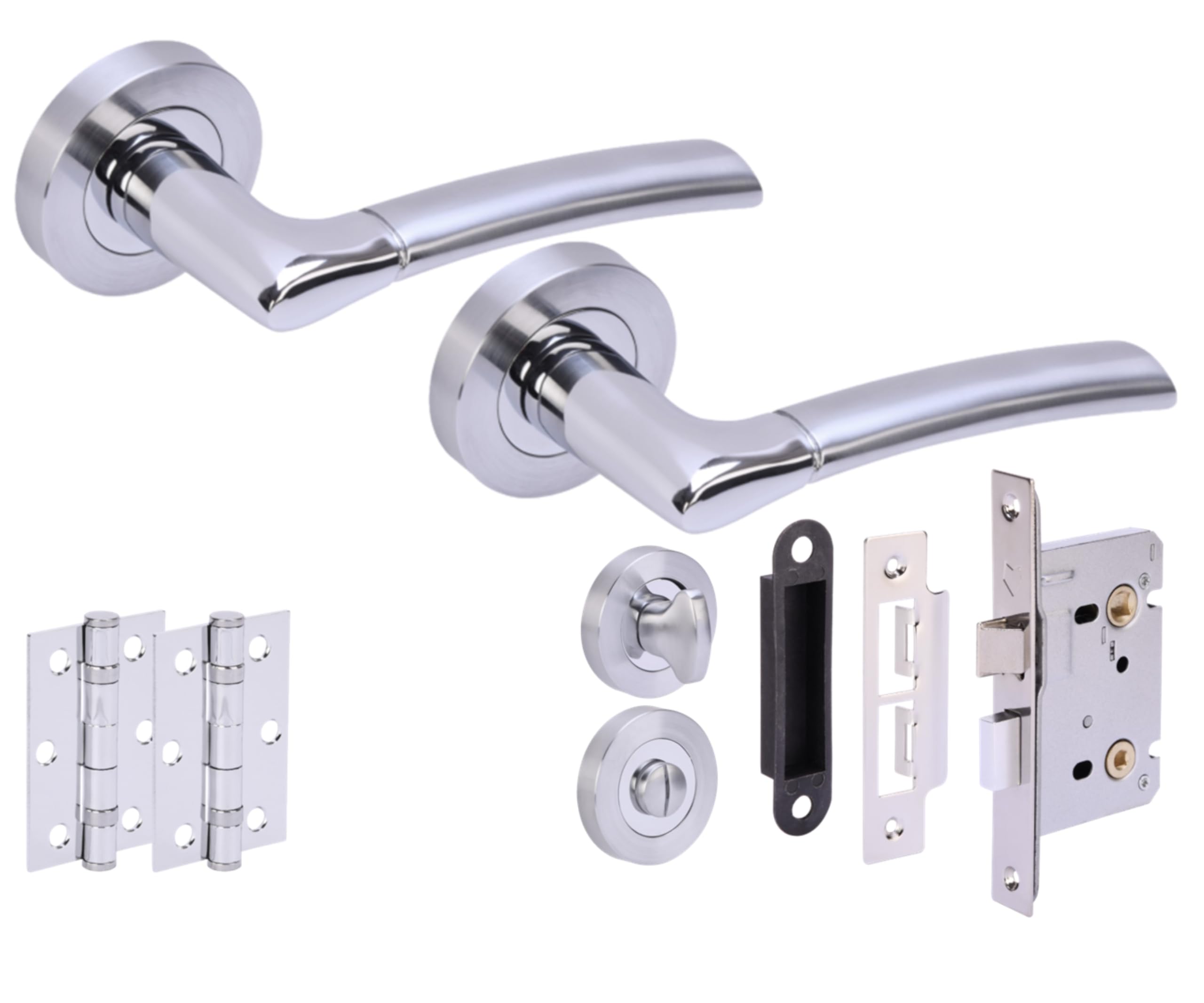 Hunta Polished Chrome / Satin Chrome Handlezone® Columba Premium Door Handles On Rose Bathroom Lock Pack With 75Mm Ball Bearing Hinges And 76Mm Lock - Dual Polished/Satin Chrome