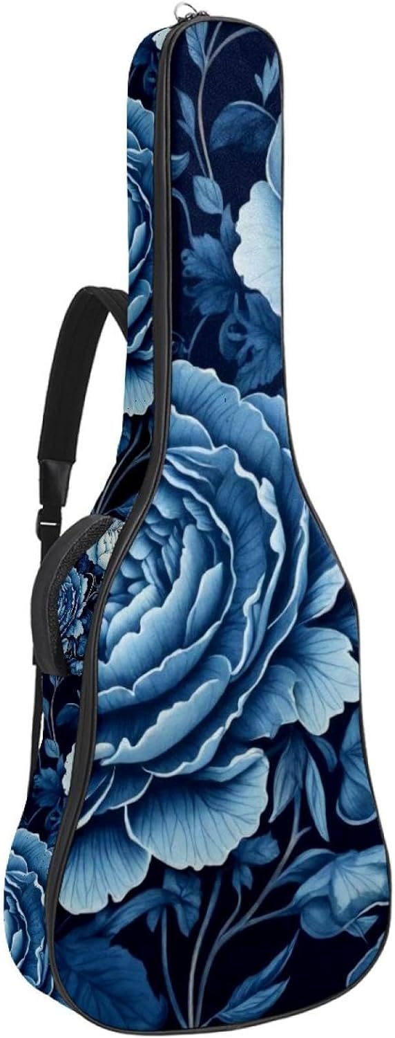 40 41 42 Inch Guitar Bags, Waterproof Padded Acoustic Guitar Case Backpack with Adjustable Shoulder Strap & Pockets, Navy Blue Flowers Pattern