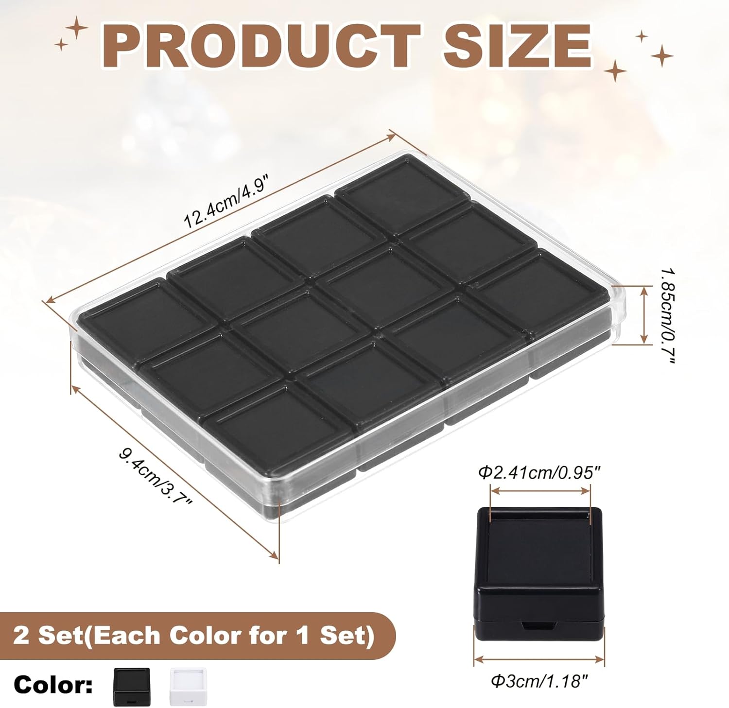 PATIKIL 4.9x3.7x0.7 Inch Gemstone Display Box 24 Pcs Square Diamond Containers Small Storage Boxes Jewelry Acrylic Box with Clear Glass Top Lids and Sponge for Gems Diamonds (Black/White)