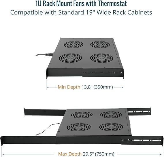Tecmojo 1U 19'' Rack Mounted Fan Shelf with 4 Fans, Fan Tray with Adjustable Rail for Different Depth, for Cooling 19inch AV and Network Data Racks