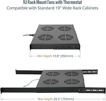 Tecmojo 1U 19'' Rack Mounted Fan Shelf with 4 Fans, Fan Tray with Adjustable Rail for Different Depth, for Cooling 19inch AV and Network Data Racks