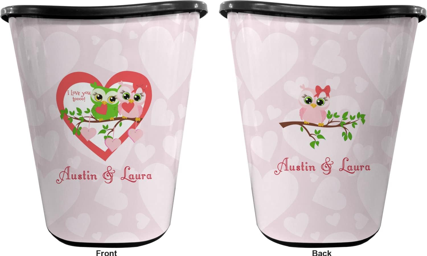 Personalized Valentine Owls Waste Basket - Double Sided (Black)