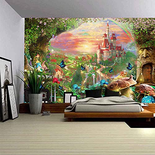 Aidatain Fantasy Castle Tapestry Fairyland Forest Mushroom Wall Hanging Elven Kingdom Elf Tree House Landscape Flannel Large Size 80" 60" Tapestries For Decor Bedroom Living Room Gthhat22 #TOP1